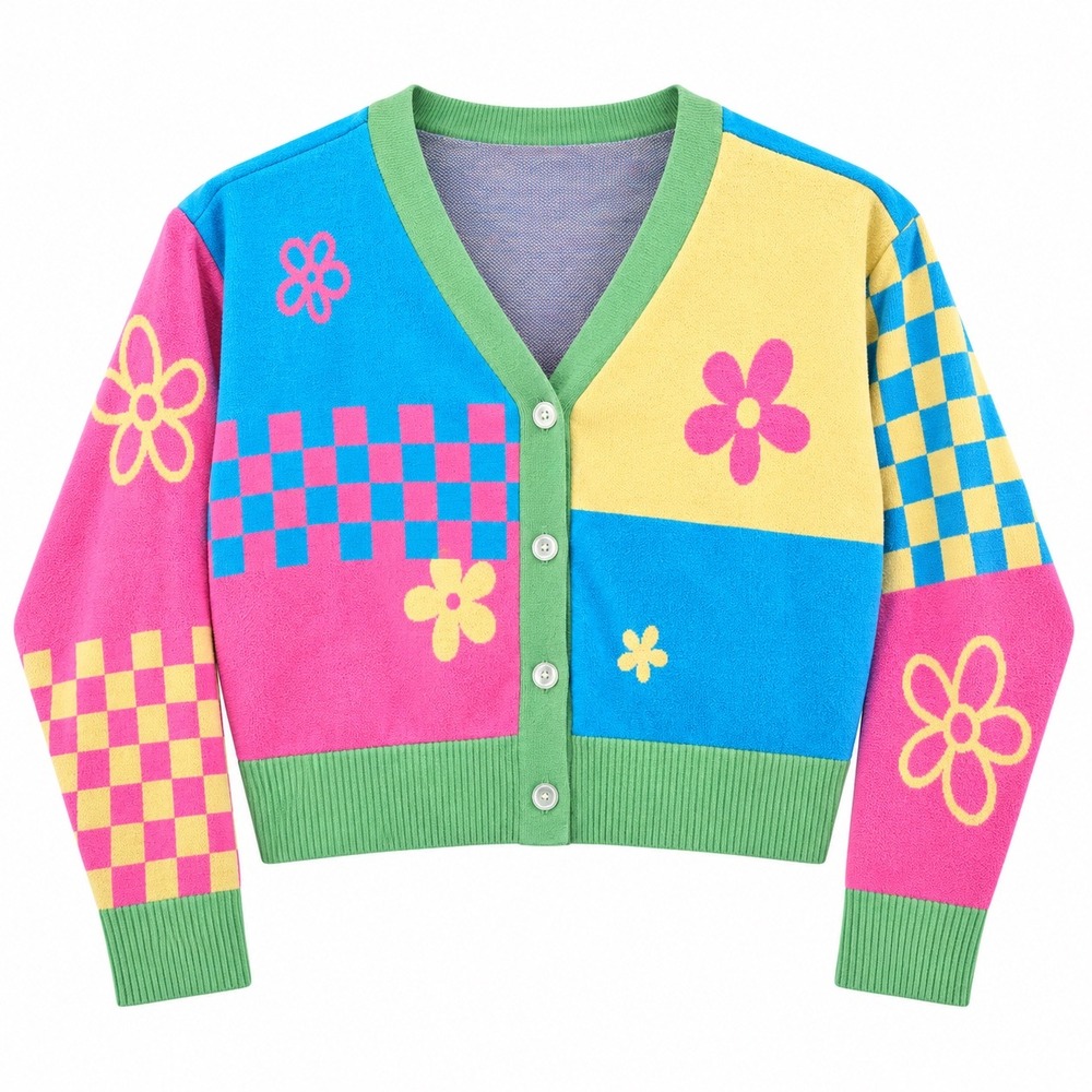 Amy B Courtney Cardigan Floral Checkered 100% Cotton XL/2XL Multicolor Kidcore